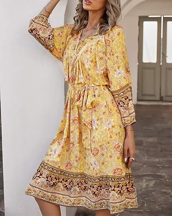 Women Boho Bohemian Chic knee-length dress with V-Neck for Travel