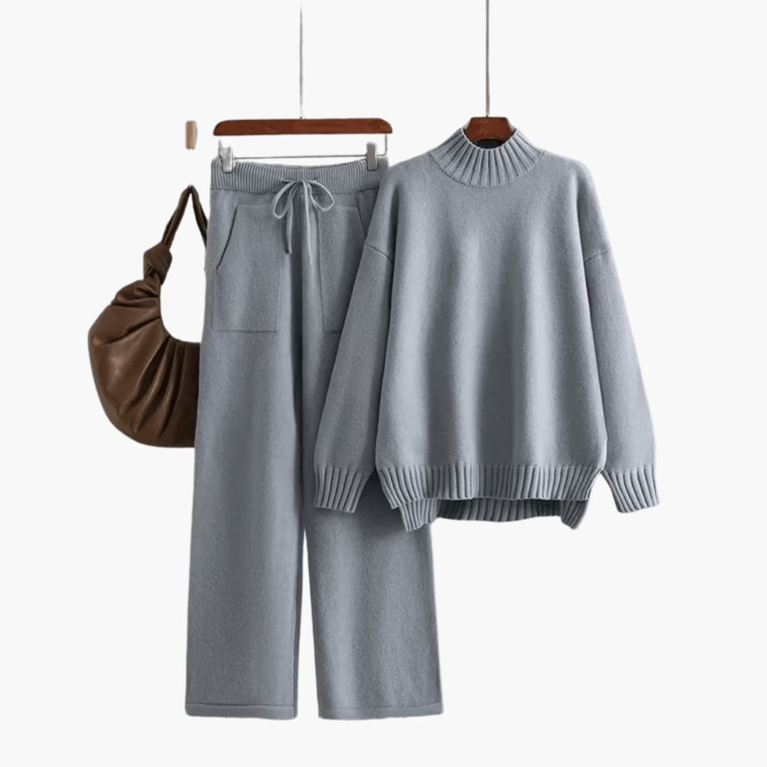 Women's Turtleneck Jumper Set with Relaxed Fit and Wide-Leg Trousers