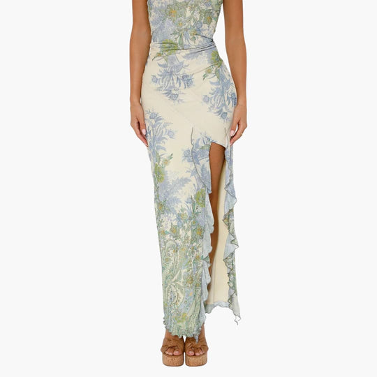 Women’s strapless maxi dress with high slit and floral print