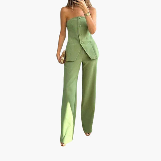 Women's Strapless Two-Piece Co-Ord Set with Strapless Top and Wide-Leg Trousers