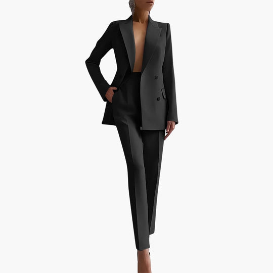 Women's Blazer Set with Notched Lapel and High Rise Trousers