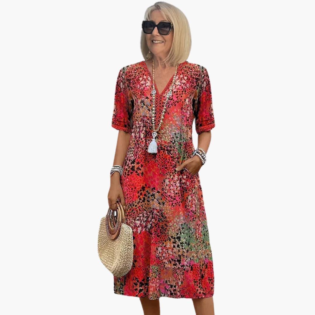 Women's Midi Dress with Short Sleeves and V-Neck in Floral Pattern