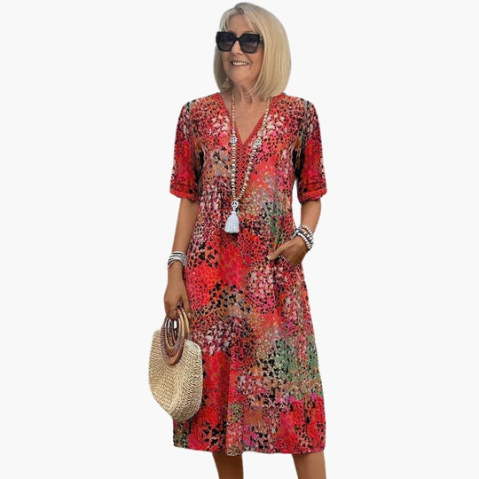 Women's Midi Dress with Short Sleeves and V-Neck in Floral Pattern