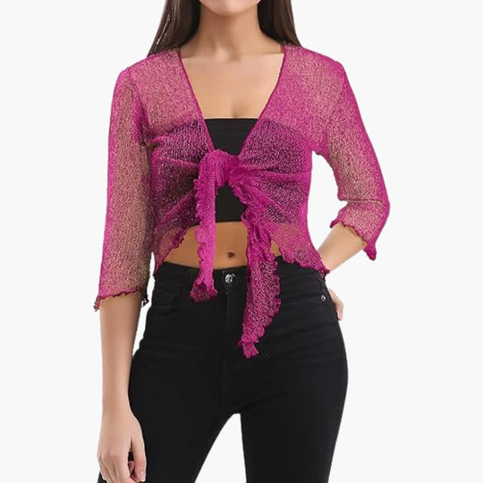 Women’s Cropped Tie-Up Shrug with Three-Quarter Sleeves and Sheer Knit