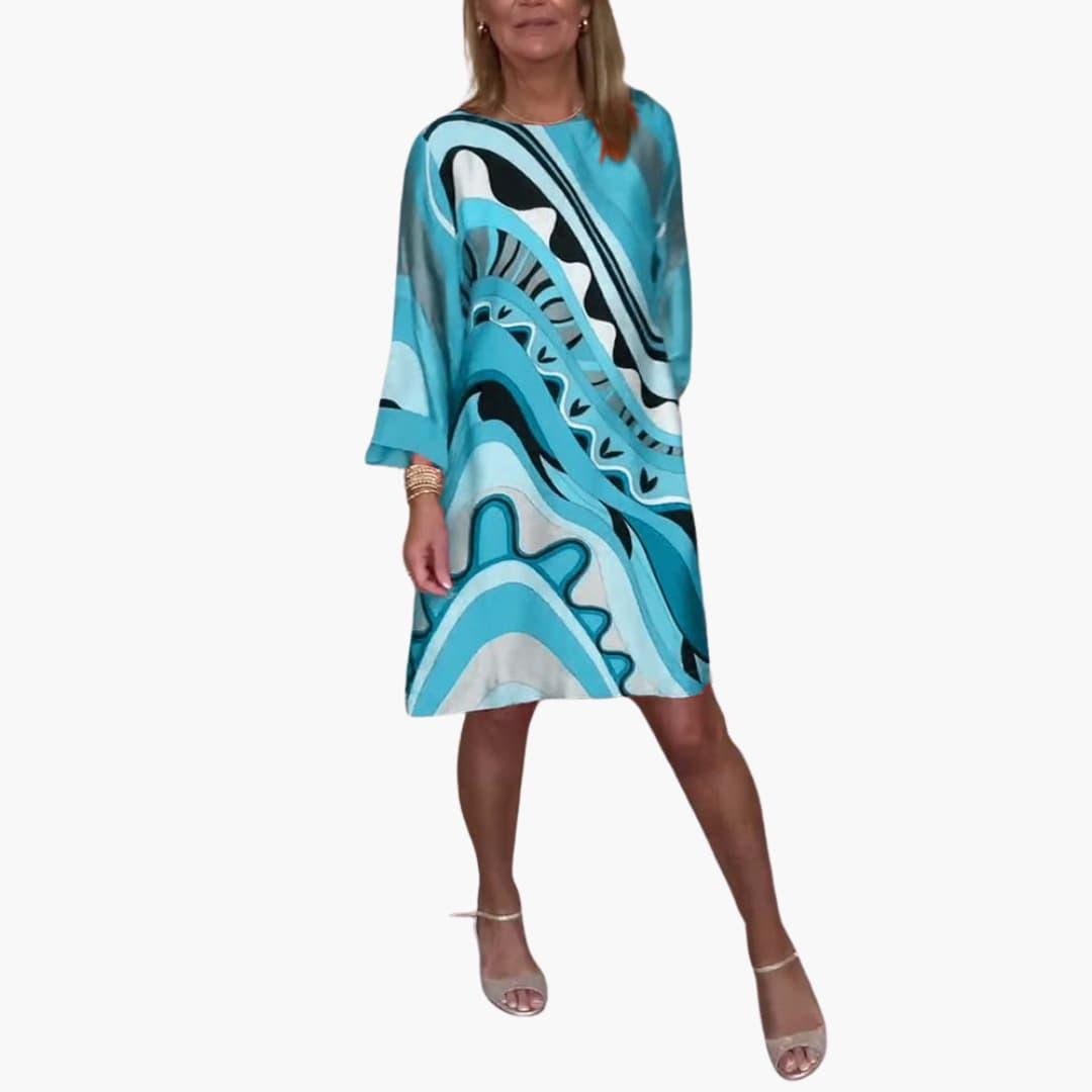 Women's Printed Midi Dress with Bell Sleeves and V-Neck
