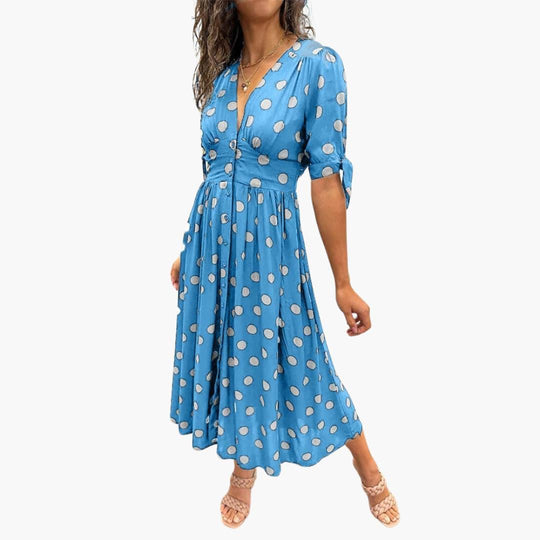 Women's Midi Dress with V-Neck and Belted Waist