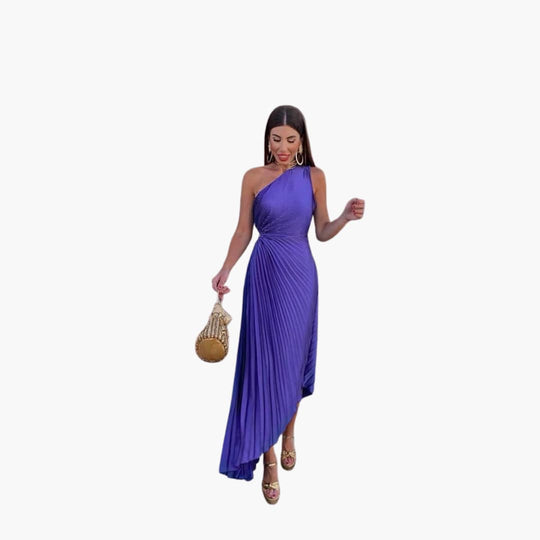Women's Midi Dress with One-Shoulder Neckline and Pleated Design