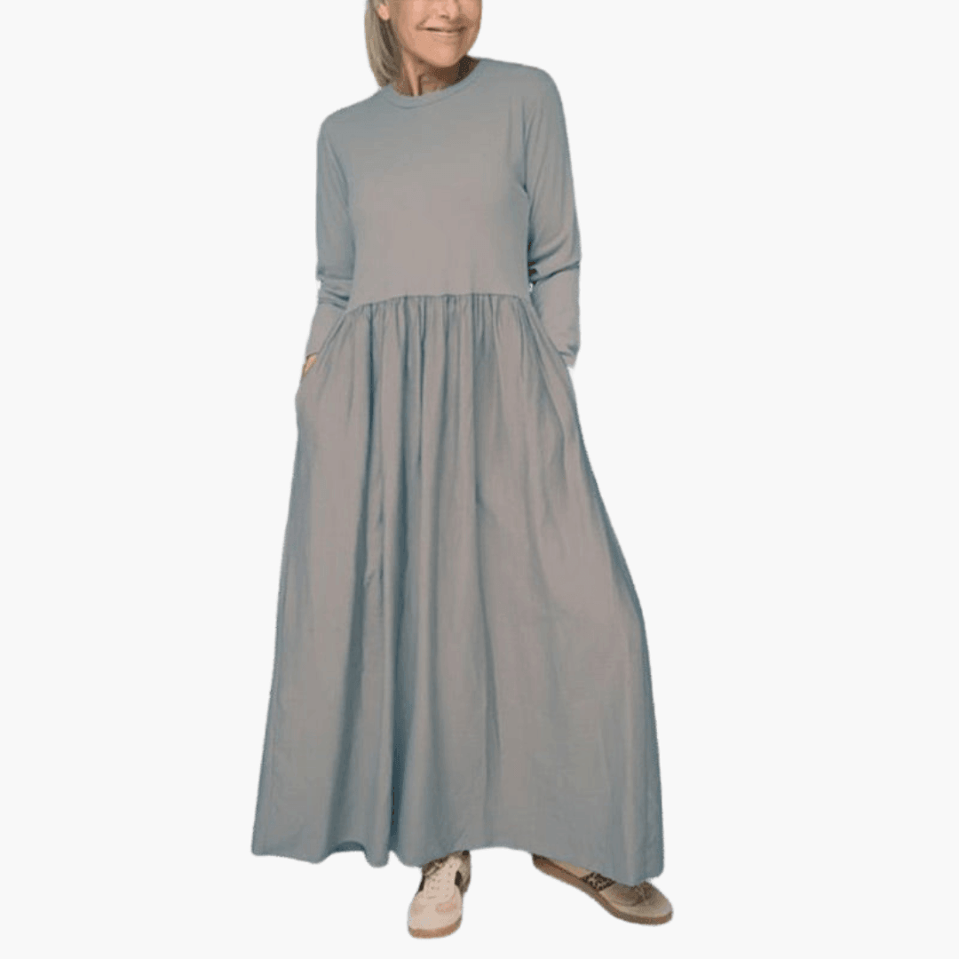 Women's Long Sleeve Midi Dress with Elastic Waist and Pockets