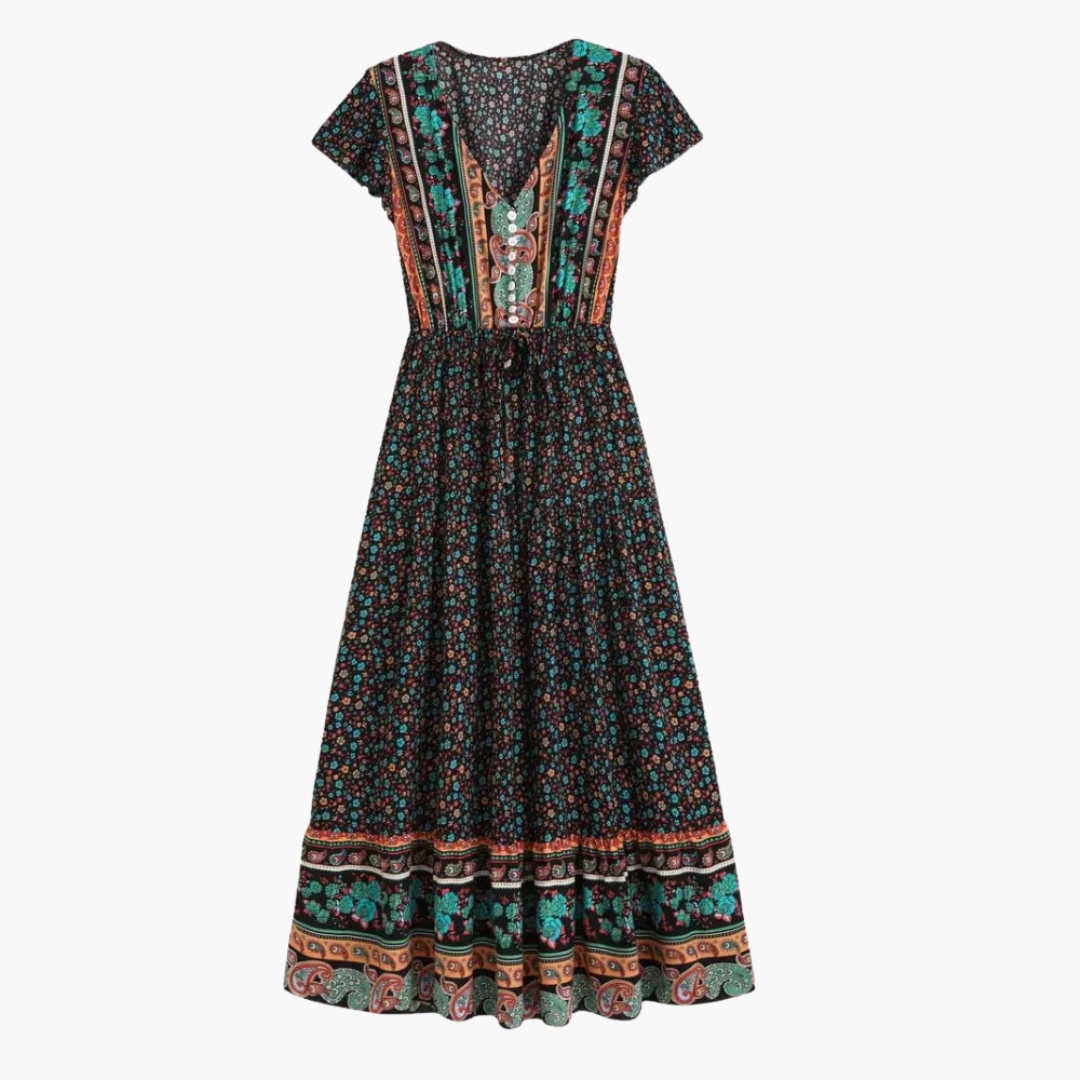 Women's Maxi Dress with V-neckline and Drawstring Waist