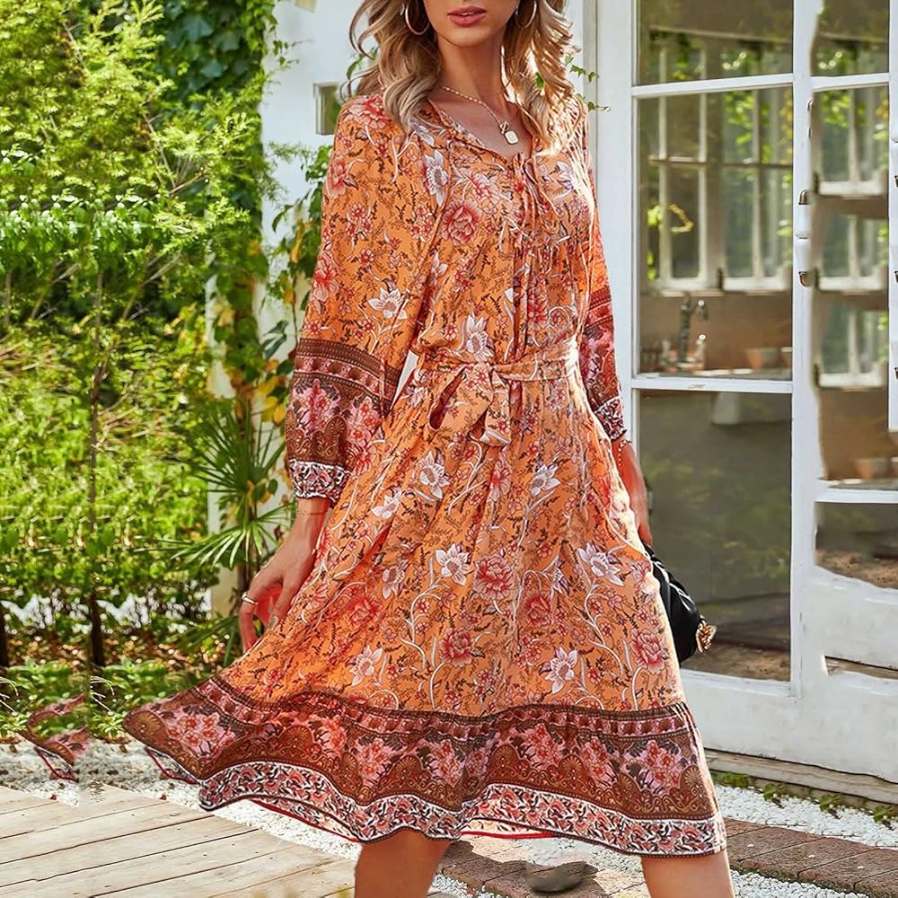 Women Boho Bohemian Chic knee-length dress with V-Neck for Travel