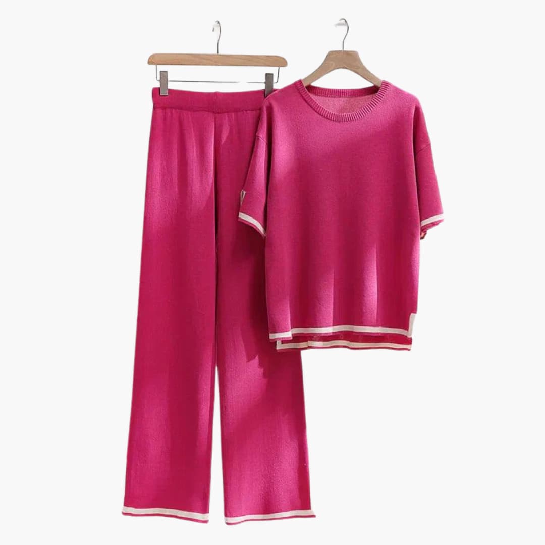 Women's Two-Piece Knit Set with Short-Sleeve Top and Wide-Leg Trousers