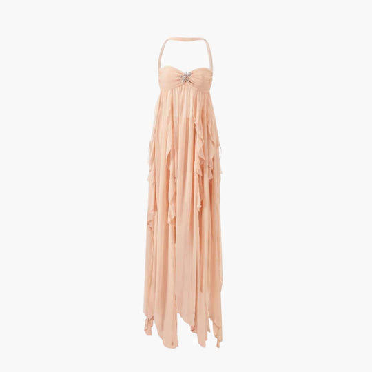 Women's Midi Dress with Halter Neckline and Open Back