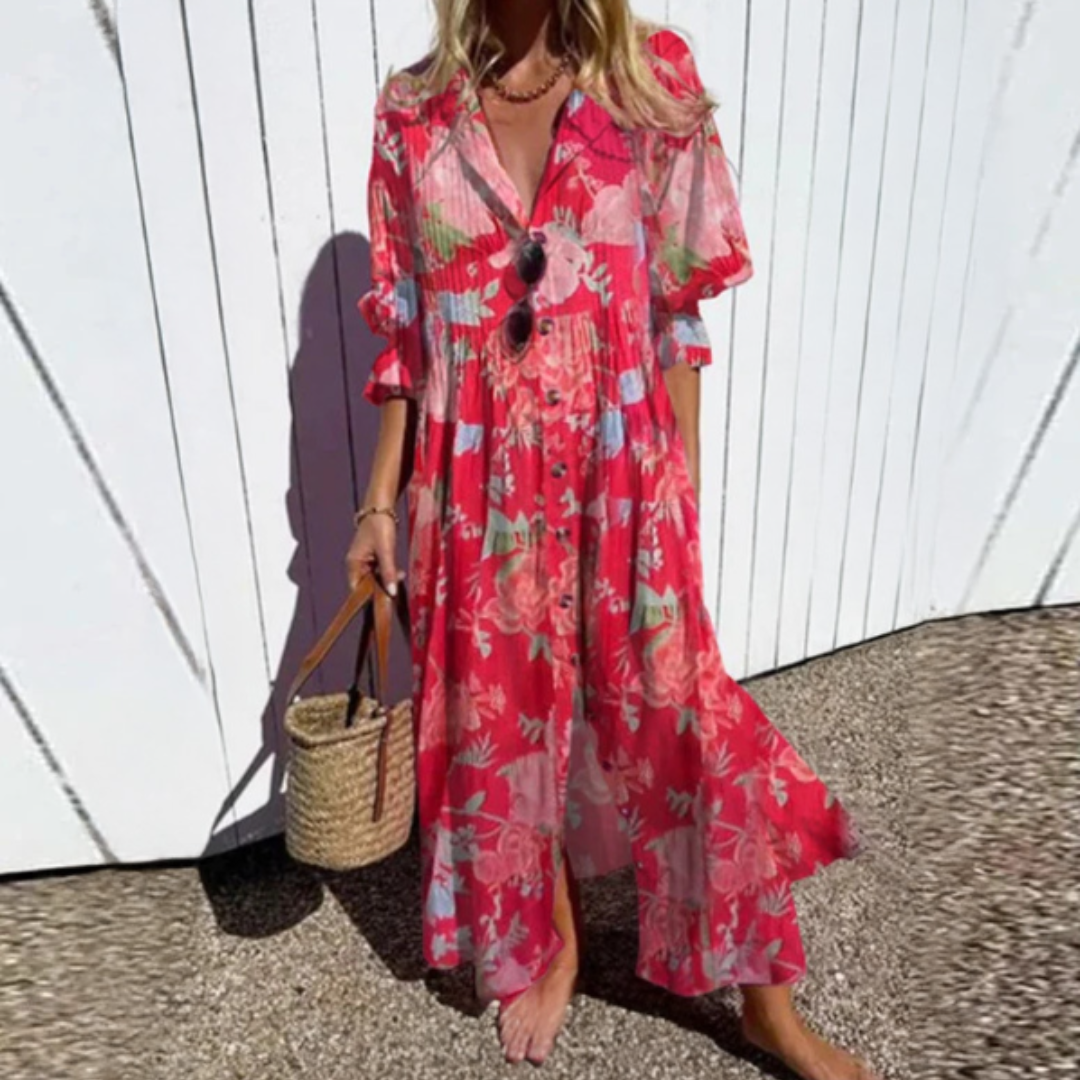 Women's Maxi Dress with Floral Design and Pockets