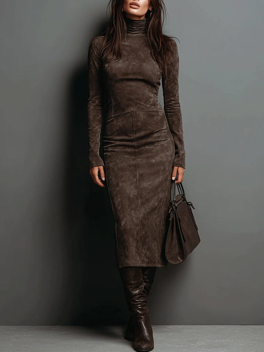 Women's Suede Maxi Dress with Lace Slit and Asymmetrical Hem