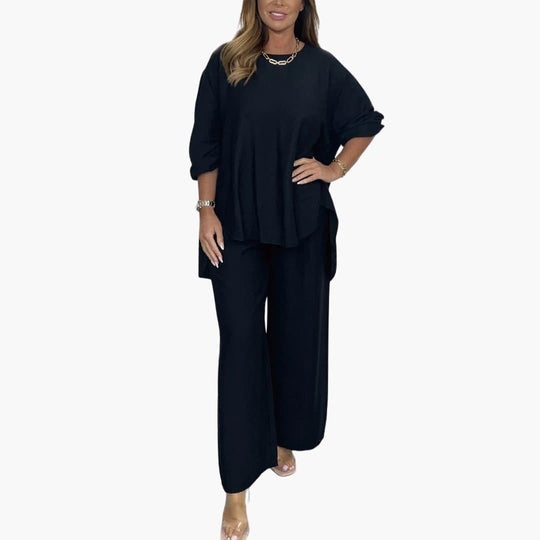 Women's Two-Piece Set with Wide-Leg Trousers and Relaxed Top