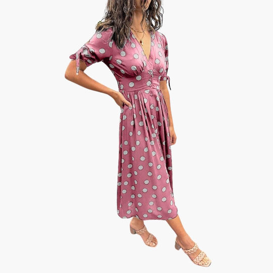Women's Midi Dress with V-Neck and Belted Waist