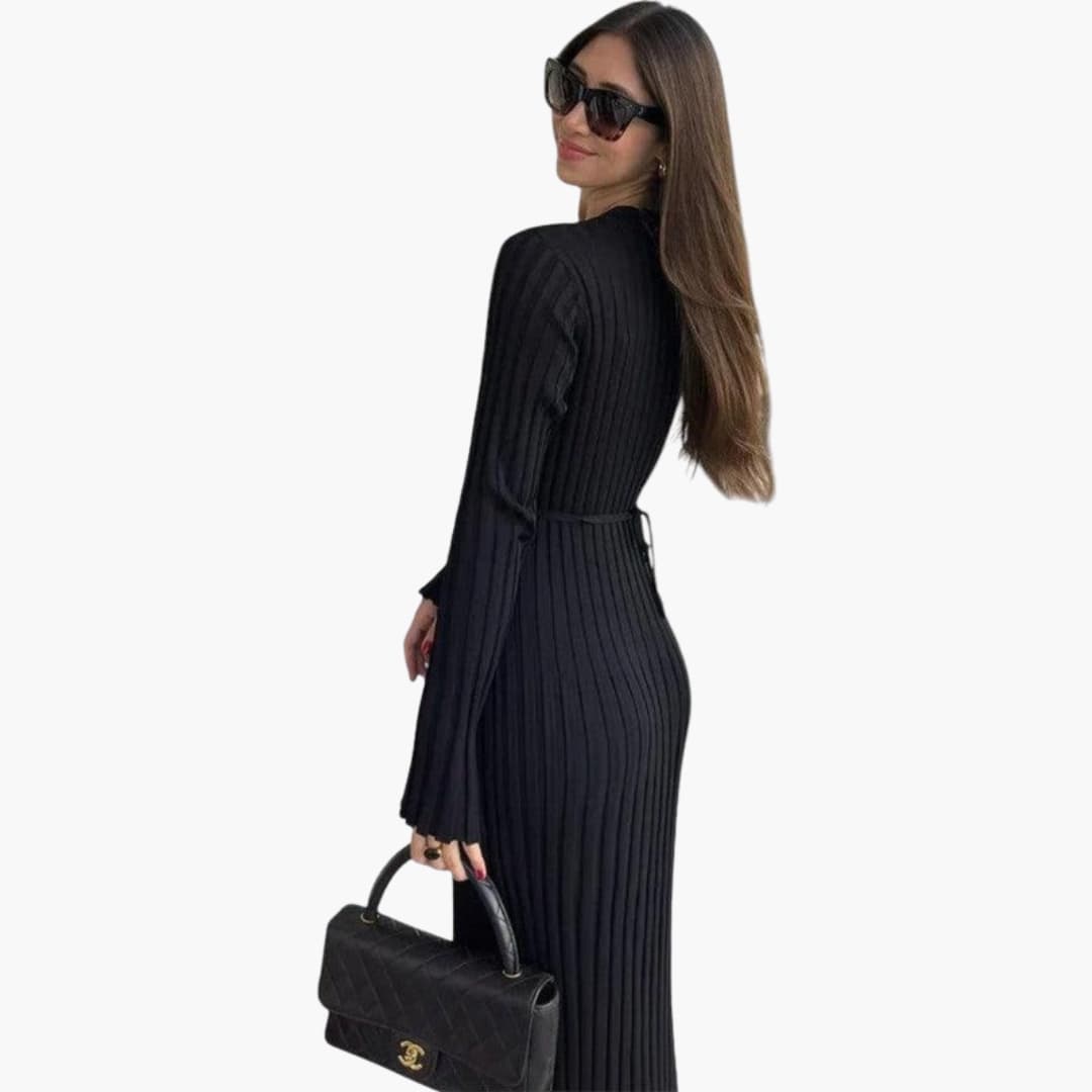 Women's Long Sleeve Maxi Dress with Ribbed Texture and Simple Fit