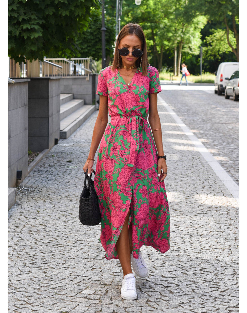 Women's V-Neck Dress with Floral Print and Sleeveless Design