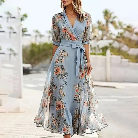 Women's Maxi Dress with V-Neck and Bow Detail