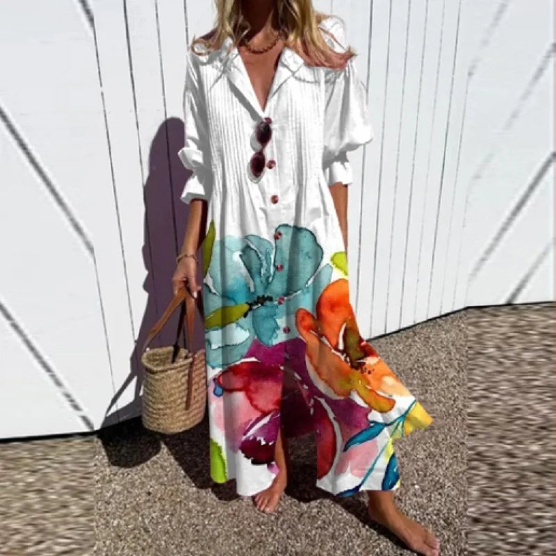 Women's Maxi Dress with Floral Design and Pockets