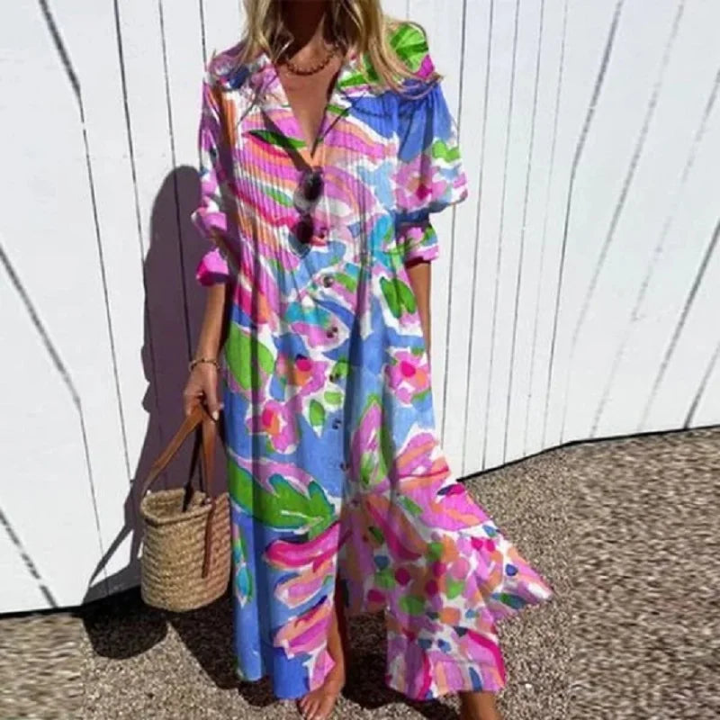 Women's Maxi Dress with Floral Design and Pockets