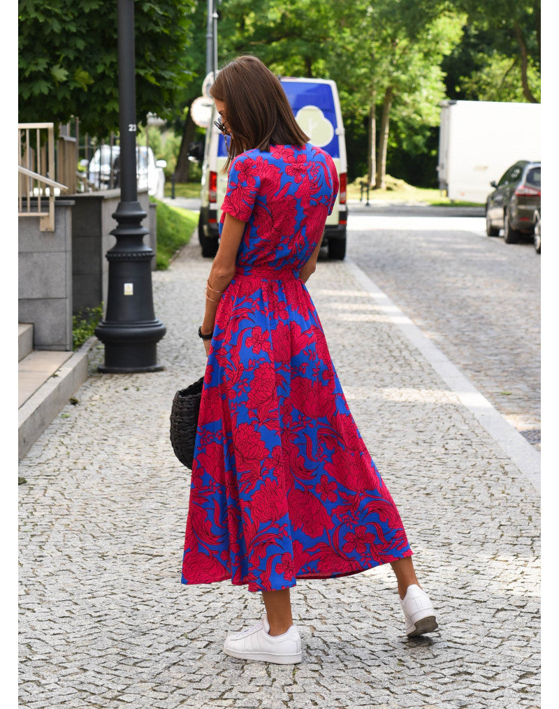 Women's V-Neck Dress with Floral Print and Sleeveless Design