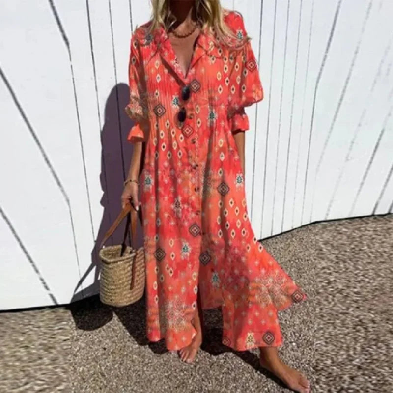 Women's Maxi Dress with Floral Design and Pockets