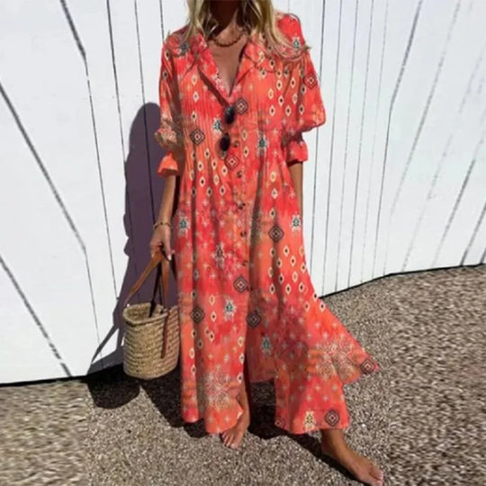 Women's Maxi Dress with Floral Design and Pockets