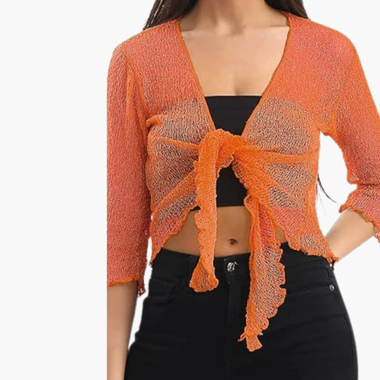 Women’s Cropped Tie-Up Shrug with Three-Quarter Sleeves and Sheer Knit