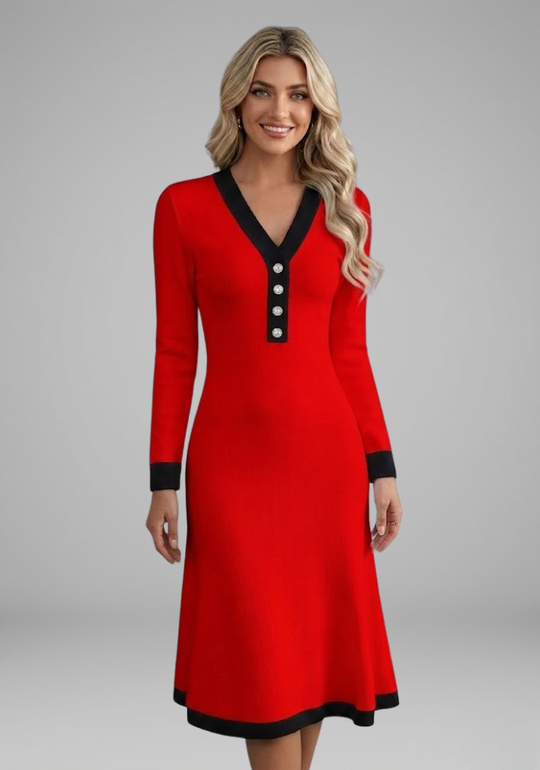 Women's Long-Sleeve Dress with V-Neck and Button Details