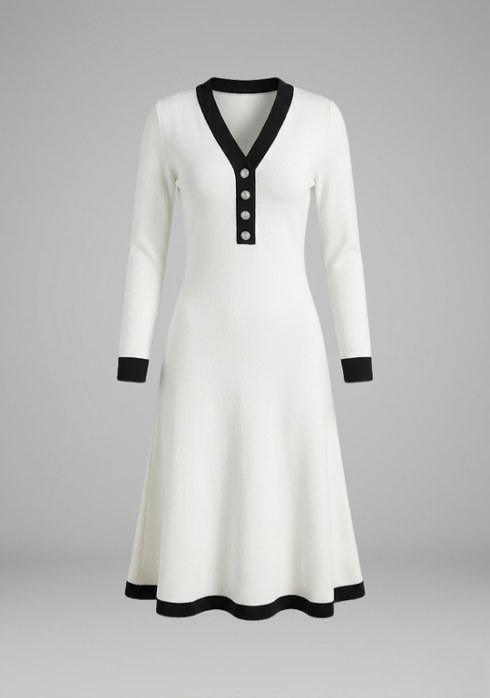 Women's Long-Sleeve Dress with V-Neck and Button Details