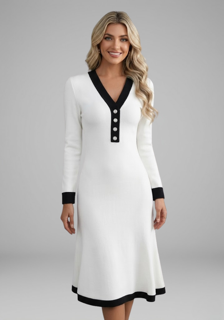 Women's Long-Sleeve Dress with V-Neck and Button Details