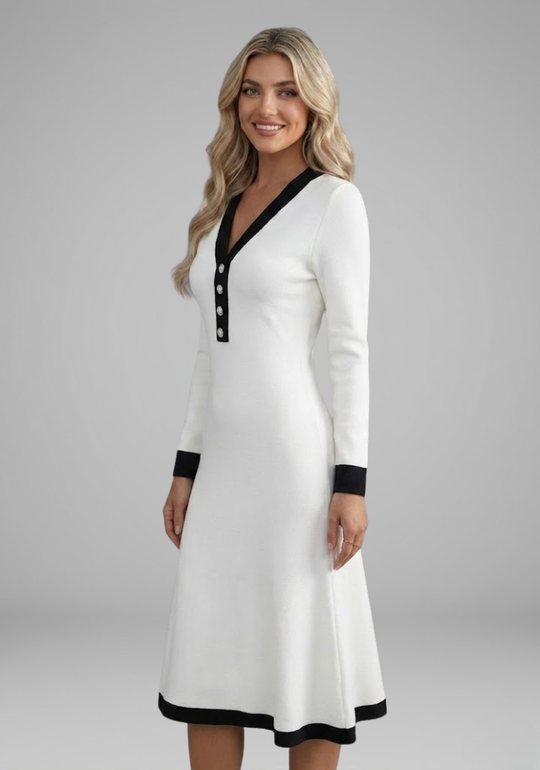 Women's Long-Sleeve Dress with V-Neck and Button Details