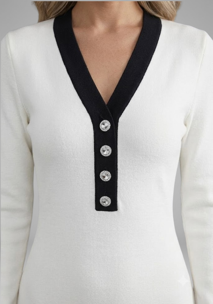 Women's Long-Sleeve Dress with V-Neck and Button Details