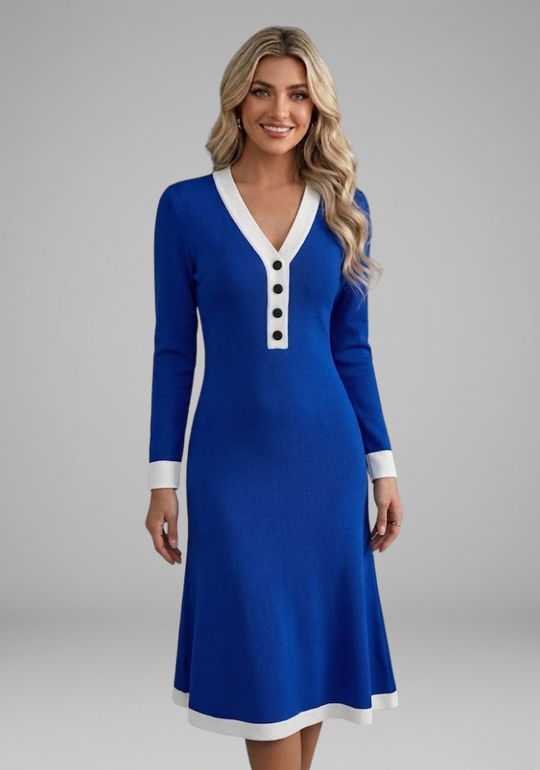 Women's Long-Sleeve Dress with V-Neck and Button Details