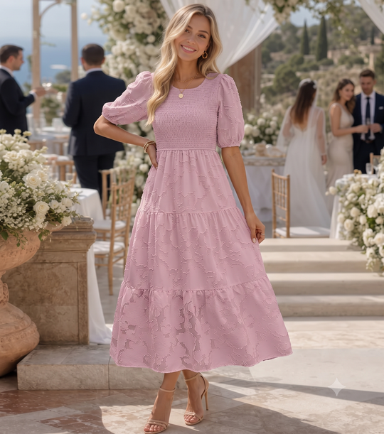 Elaria | Women’s Midi Dress with Short Sleeves and Tiered Skirt