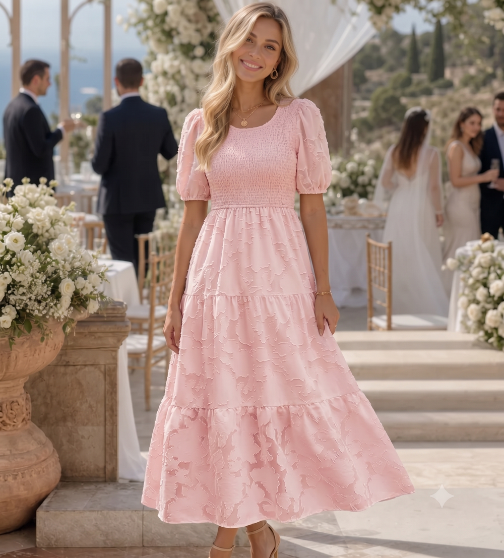 Elaria | Women’s Midi Dress with Short Sleeves and Tiered Skirt