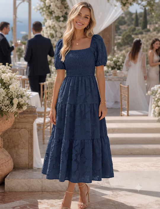 Elaria | Women’s Midi Dress with Short Sleeves and Tiered Skirt