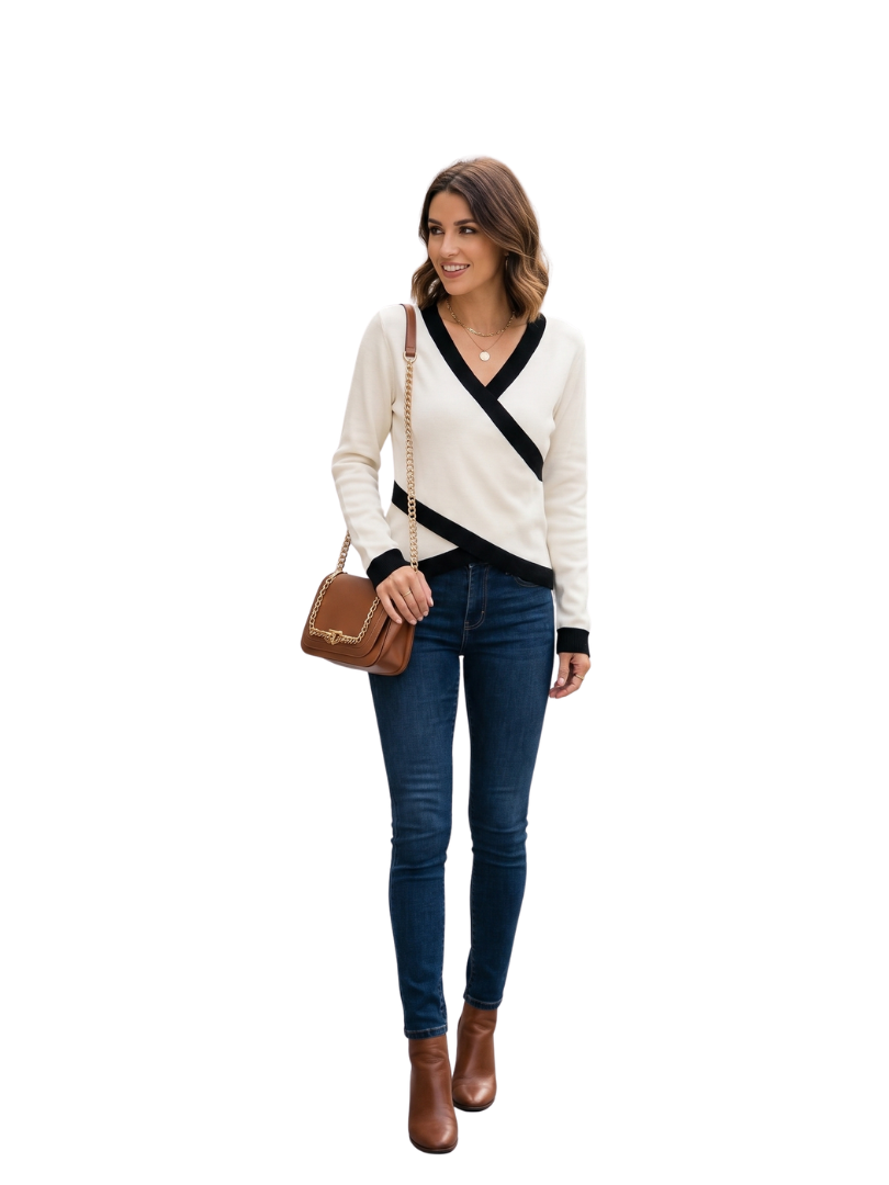 Women's Wrap Knit Top with V-Neck and Contrasting Trim