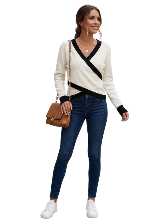 Women's Wrap Knit Top with V-Neck and Contrasting Trim