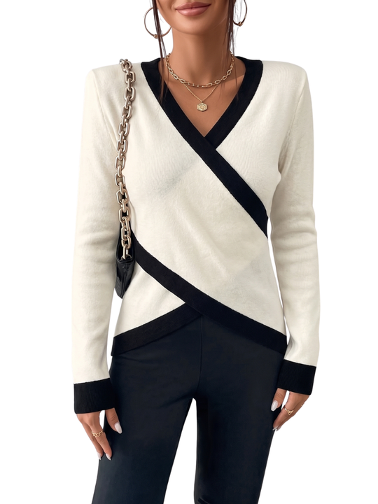 Women's Wrap Knit Top with V-Neck and Contrasting Trim