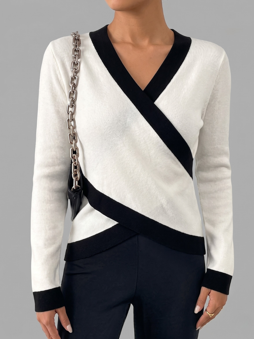 Women's Wrap Knit Top with V-Neck and Contrasting Trim