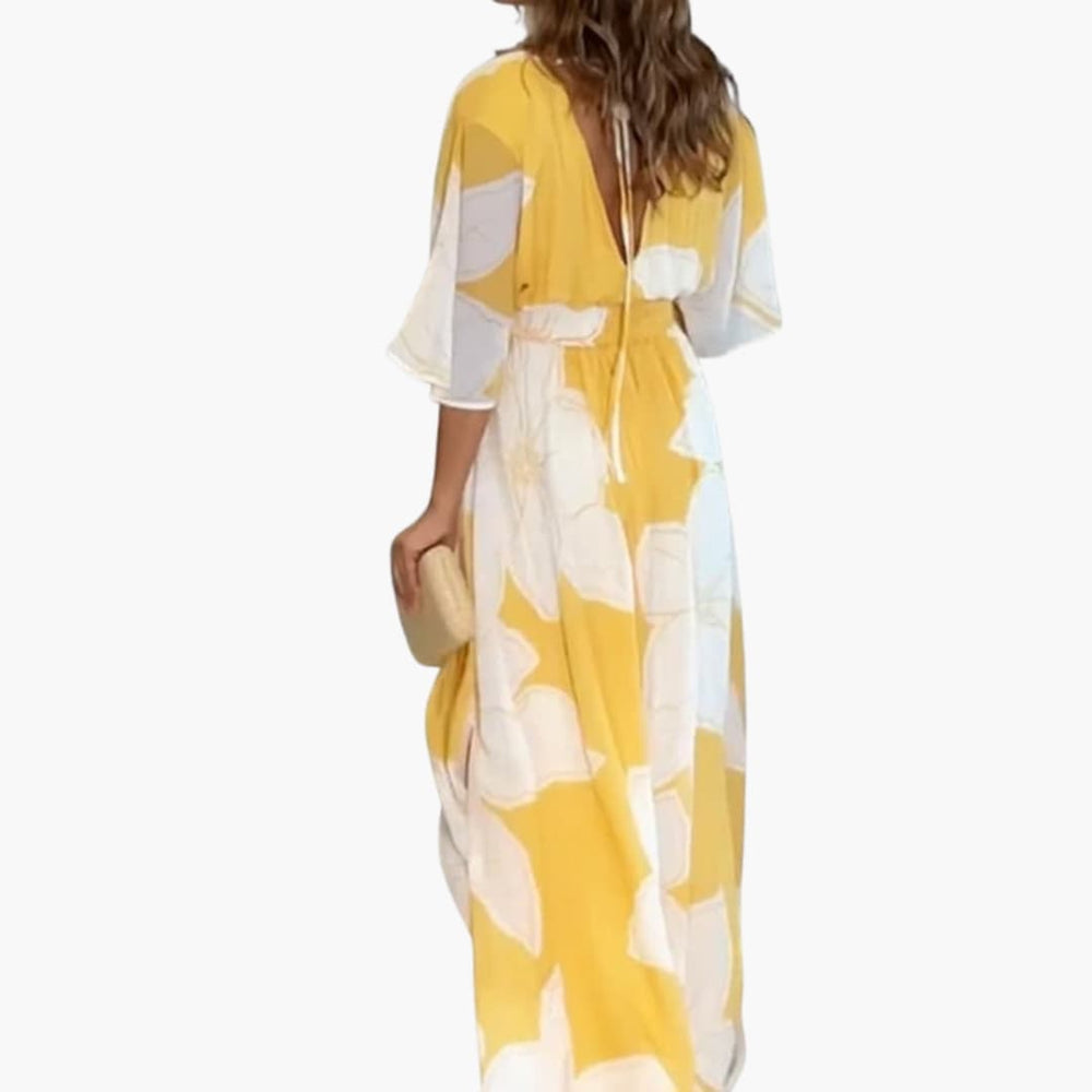 Women’s Floral Summer Dress with V-Neckline and Wide Short Sleeves