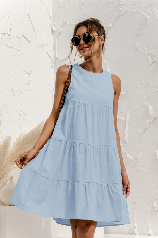 Women's Sundress with High-Waist Silhouette and Ruched Hem