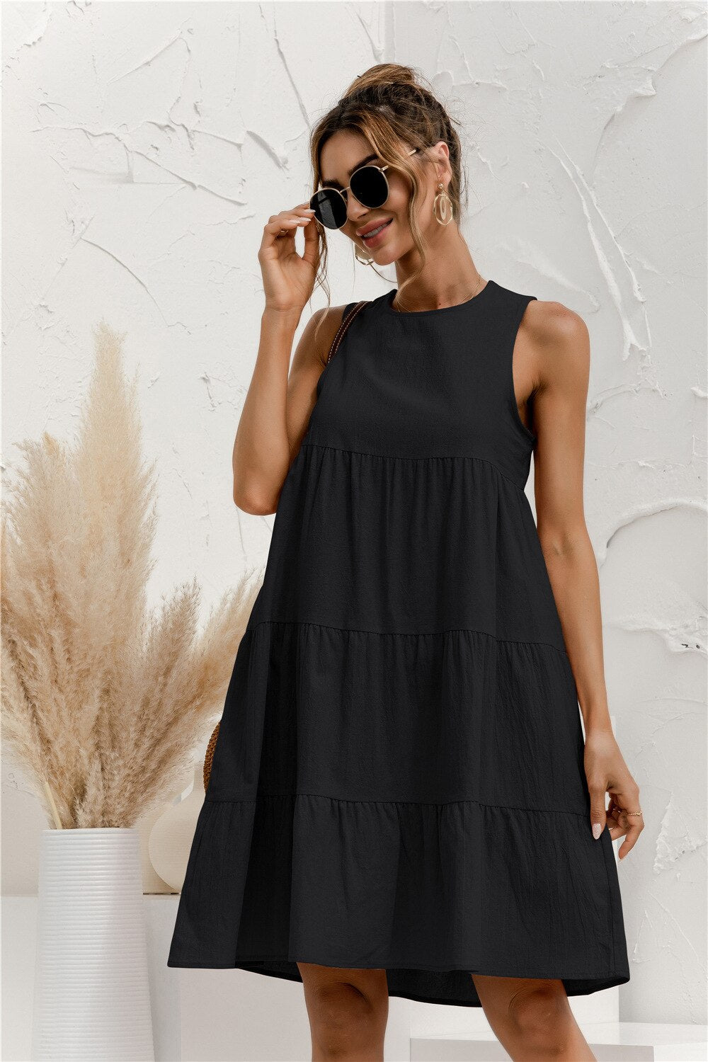 Women's Sundress with High-Waist Silhouette and Ruched Hem