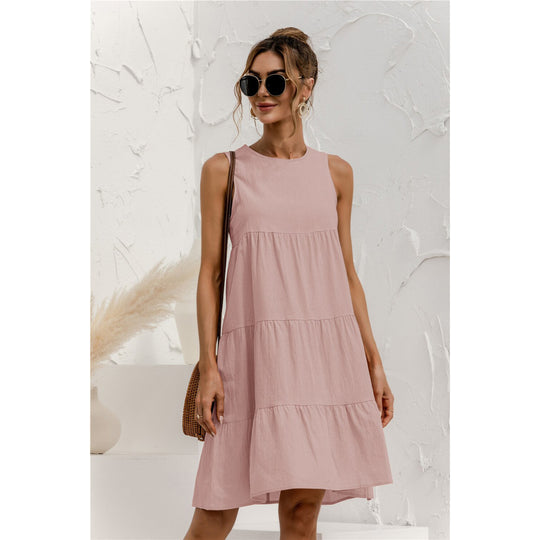 Women's Sundress with High-Waist Silhouette and Ruched Hem
