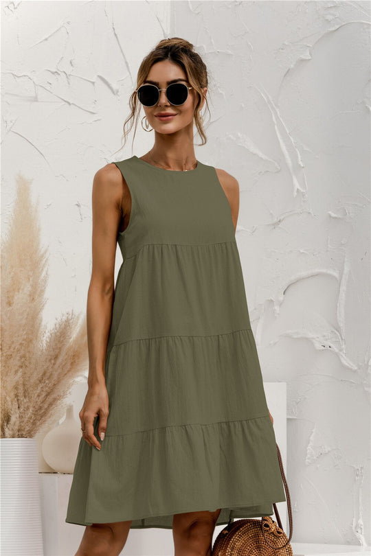 Women's Sundress with High-Waist Silhouette and Ruched Hem