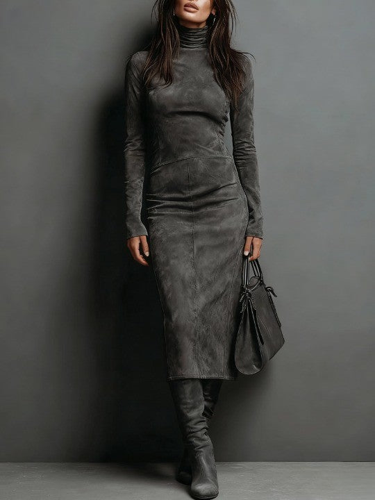Women's Suede Maxi Dress with Lace Slit and Asymmetrical Hem