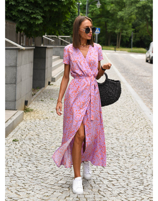 Women's V-Neck Dress with Floral Print and Sleeveless Design
